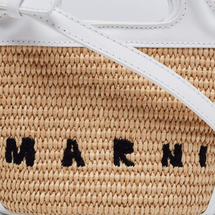 Pre Owned Marni White Embroidered Raffia And Leather Micro Tropicalia Tote