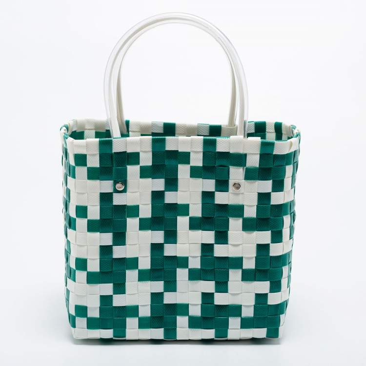 Pre Owned Marni Green/White Woven Straw Market Bastet Tote
