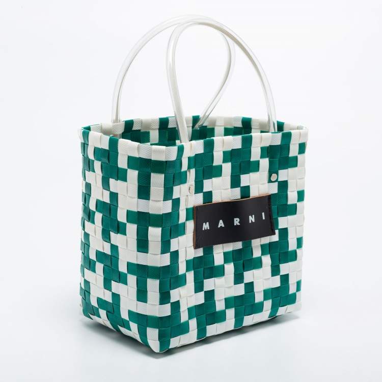 Pre Owned Marni Green/White Woven Straw Market Bastet Tote