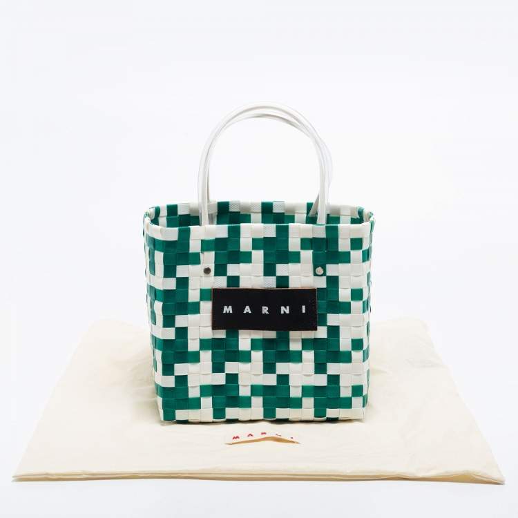 Pre Owned Marni Green/White Woven Straw Market Bastet Tote