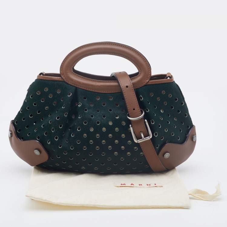 Pre Owned Marni Dark Green/Brown Perforated Calf Hair and Leather Top Handle Bag