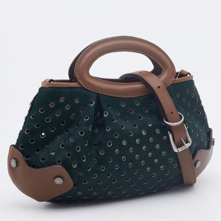 Pre Owned Marni Dark Green/Brown Perforated Calf Hair and Leather Top Handle Bag