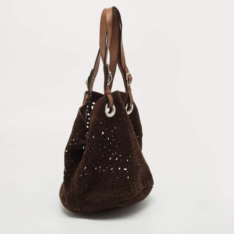Pre Owned Marni Dark Brown Suede and Leather Lasercut Hobo