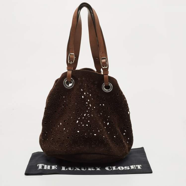 Pre Owned Marni Dark Brown Suede and Leather Lasercut Hobo