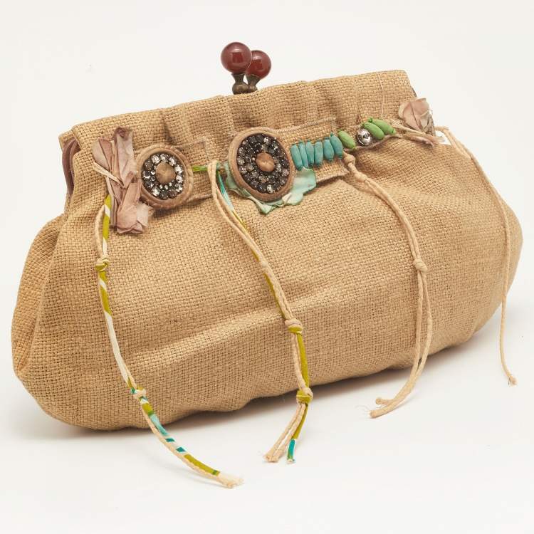 Pre Owned Marni Beige Jute Kisslock Frame Clutch