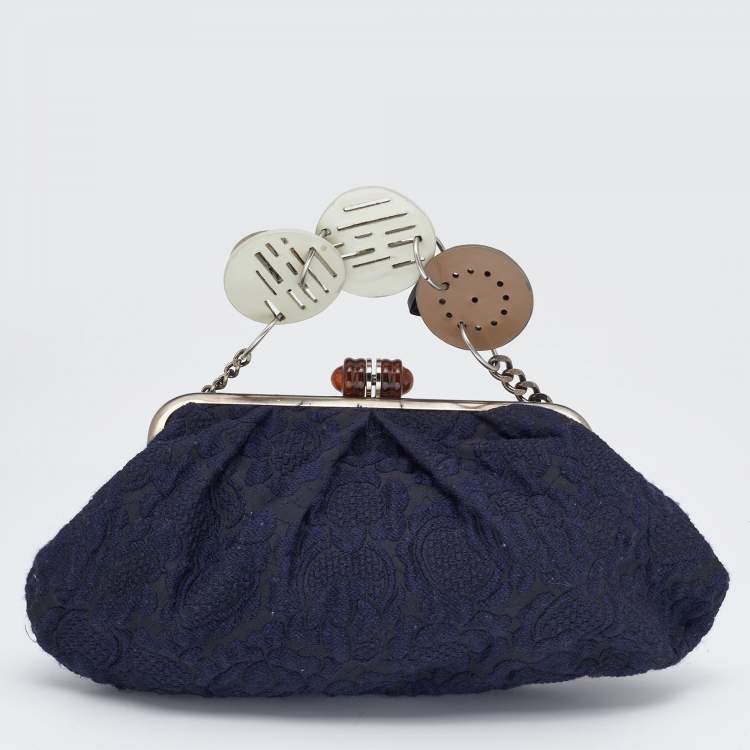 Pre Owned Marni Navy Blue Embroidered Fabric Frame Embellished Clutch Bag