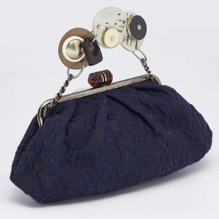 Pre Owned Marni Navy Blue Embroidered Fabric Frame Embellished Clutch Bag