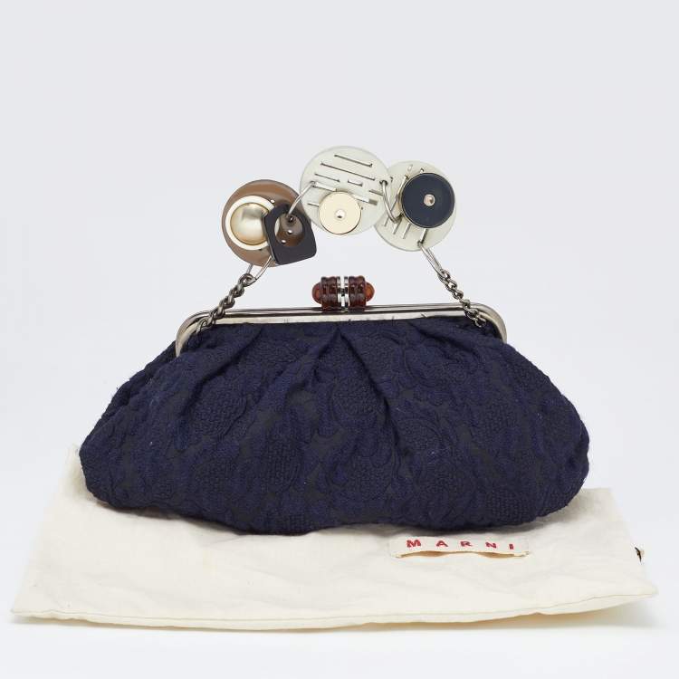 Pre Owned Marni Navy Blue Embroidered Fabric Frame Embellished Clutch Bag