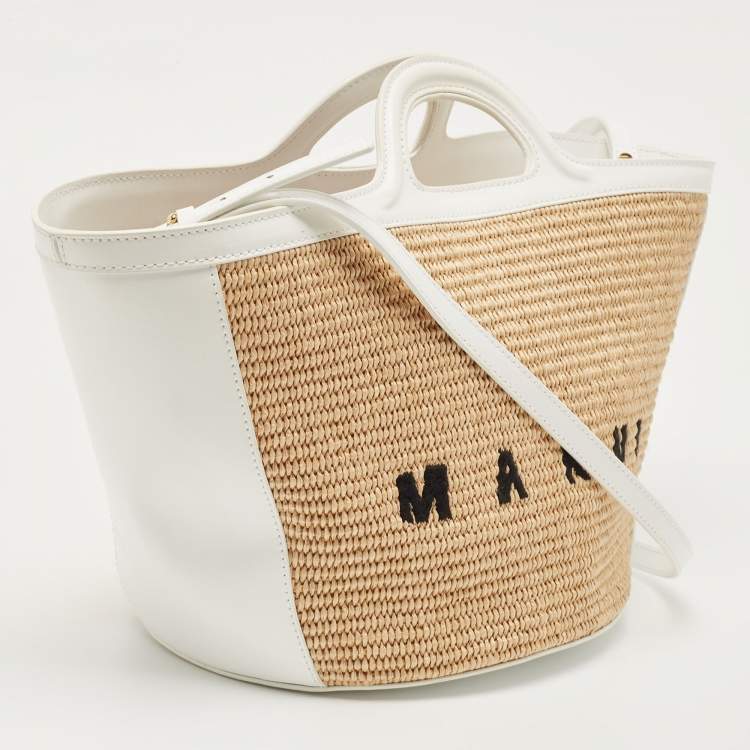 Pre Owned Marni White/Natural Raffia and Leather Small Tropicalia Tote