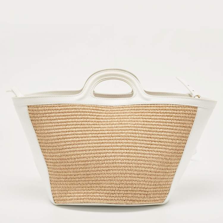 Pre Owned Marni White/Natural Raffia and Leather Small Tropicalia Tote