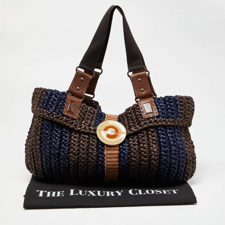 Pre Owned Marni Brown/Blue Woven Straw and Leather Round Lock Tote