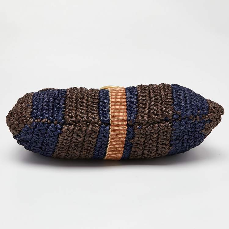 Pre Owned Marni Brown/Blue Woven Straw and Leather Round Lock Tote