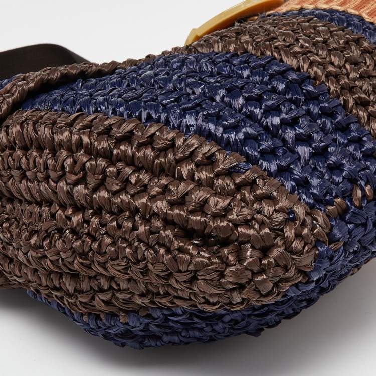 Pre Owned Marni Brown/Blue Woven Straw and Leather Round Lock Tote
