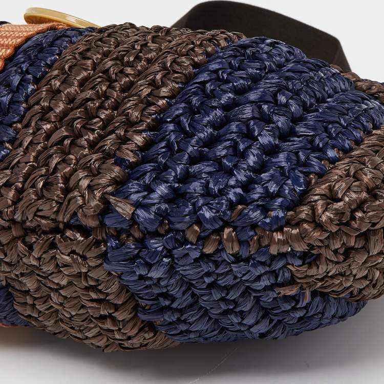 Pre Owned Marni Brown/Blue Woven Straw and Leather Round Lock Tote