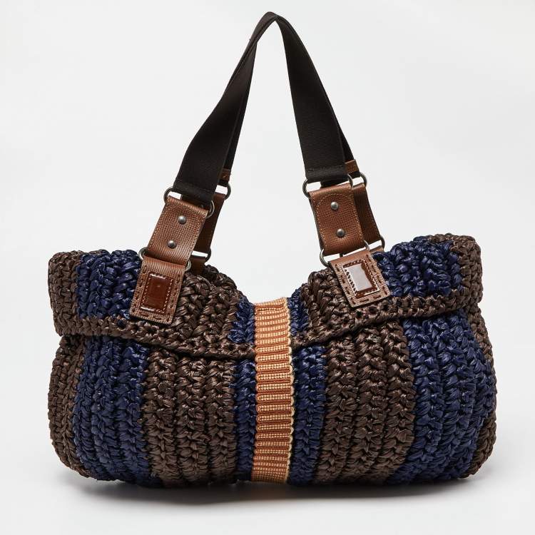 Pre Owned Marni Brown/Blue Woven Straw and Leather Round Lock Tote