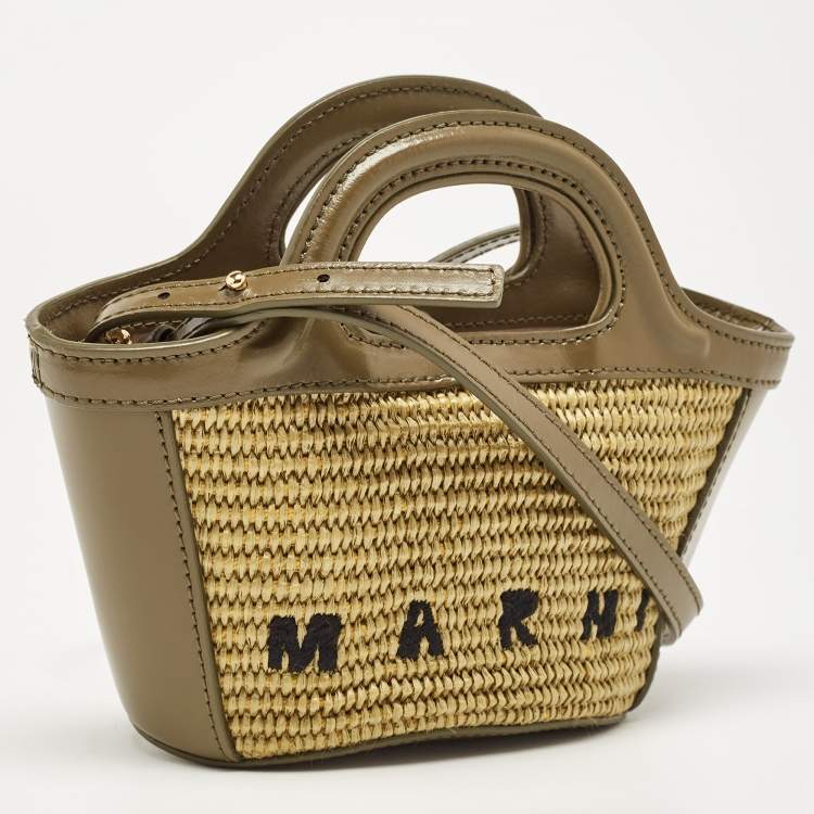 Pre Owned Marni Olive Green Leather and Raffia Micro Tropicalia Bag