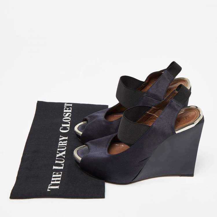 Pre Owned Marni Navy Blue Satin Slingback Wedge Sandals Size 38.5