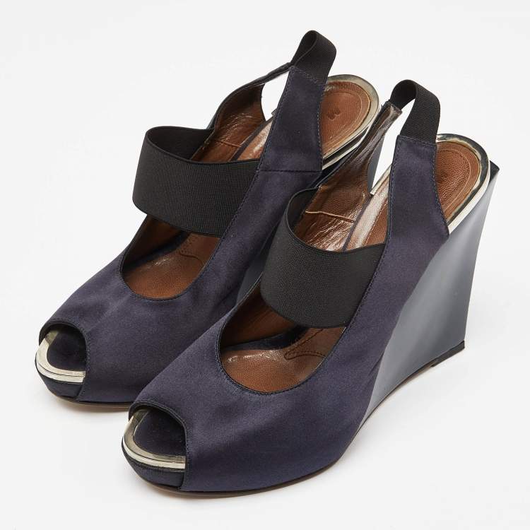Pre Owned Marni Navy Blue Satin Slingback Wedge Sandals Size 38.5