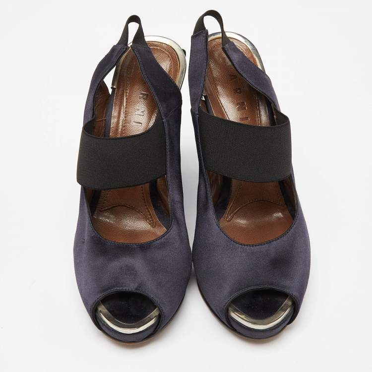 Pre Owned Marni Navy Blue Satin Slingback Wedge Sandals Size 38.5