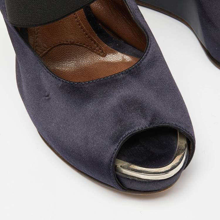 Pre Owned Marni Navy Blue Satin Slingback Wedge Sandals Size 38.5