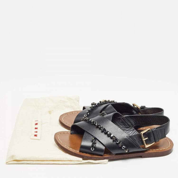 Pre Owned Marni Black Leather Crystal Embellished Slingback Sandals Size 36