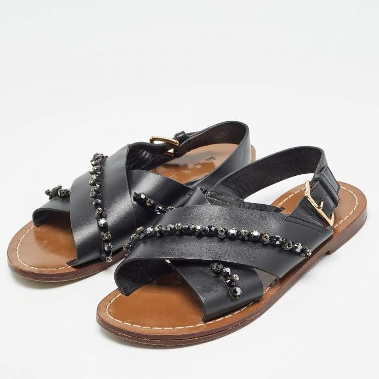 Pre Owned Marni Black Leather Crystal Embellished Slingback Sandals Size 36