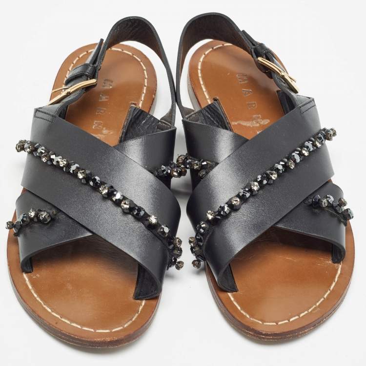 Pre Owned Marni Black Leather Crystal Embellished Slingback Sandals Size 36