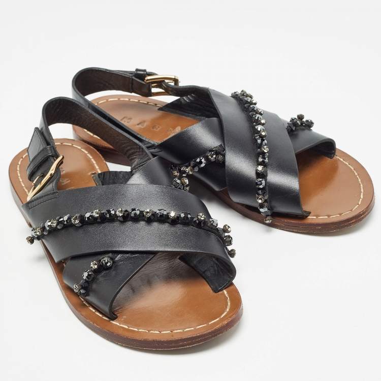 Pre Owned Marni Black Leather Crystal Embellished Slingback Sandals Size 36