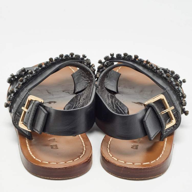 Pre Owned Marni Black Leather Crystal Embellished Slingback Sandals Size 36