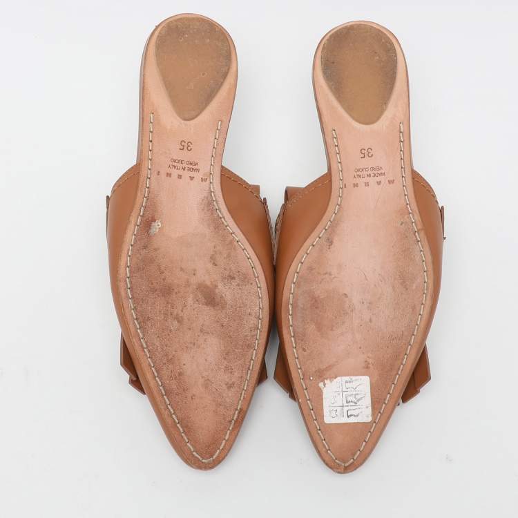 Pre Owned Marni Brown Leather Fringe Detail Mules Size 35