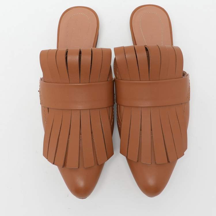 Pre Owned Marni Brown Leather Fringe Detail Mules Size 35