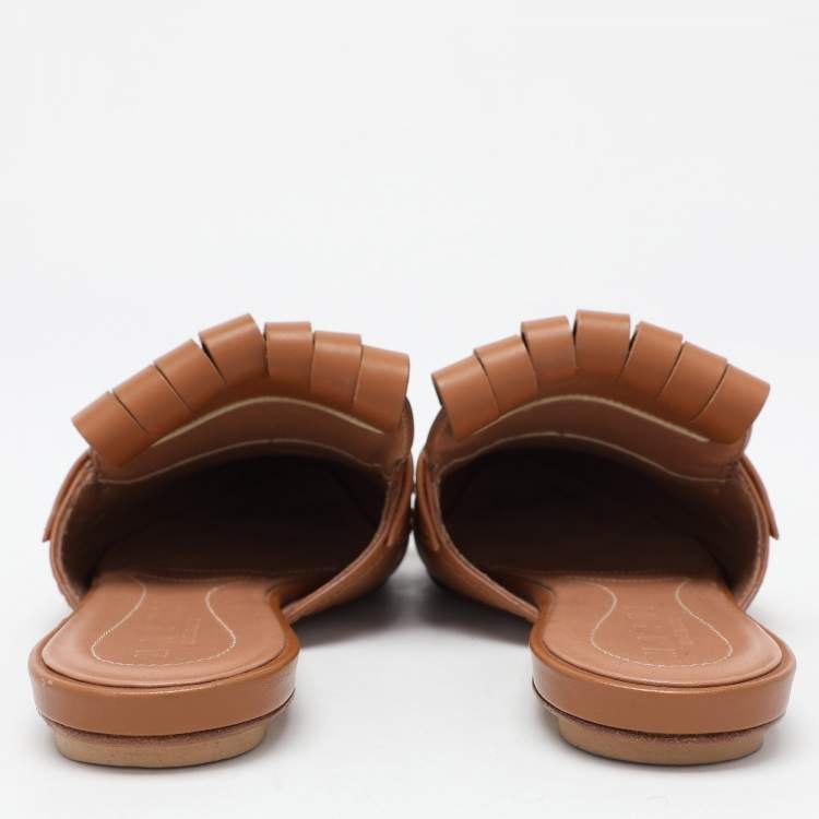 Pre Owned Marni Brown Leather Fringe Detail Mules Size 35