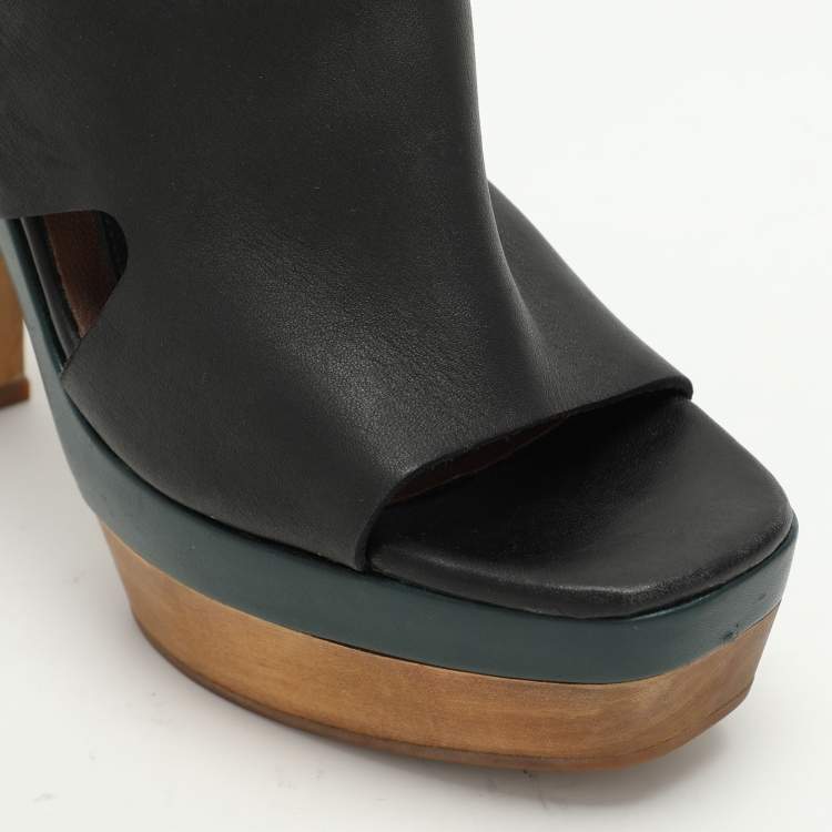 Pre Owned Marni Black Leather Wooden Platform Slingback Sandals Size 37