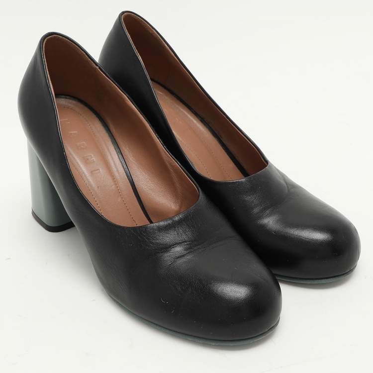 Pre Owned Marni Black Leather Round Toe Block Heel Pumps Size 39.5