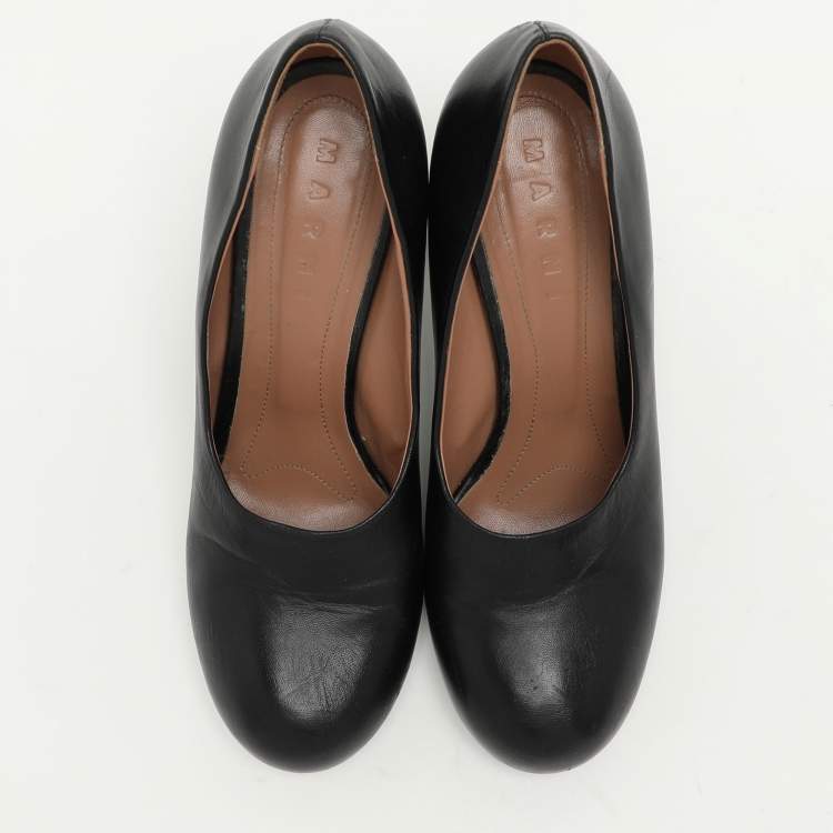 Pre Owned Marni Black Leather Round Toe Block Heel Pumps Size 39.5