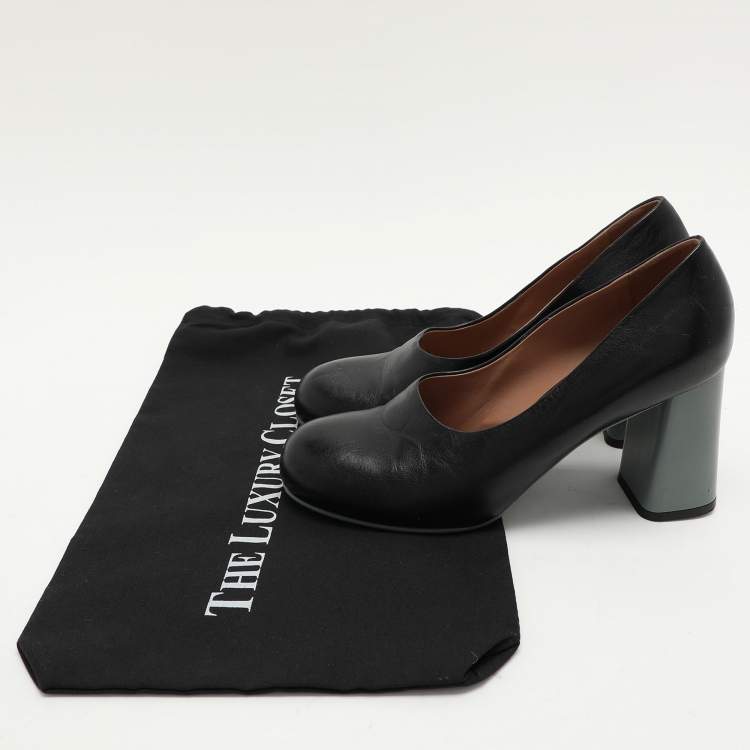 Pre Owned Marni Black Leather Round Toe Block Heel Pumps Size 39.5