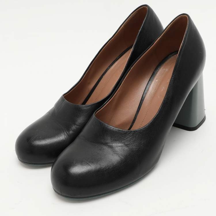 Pre Owned Marni Black Leather Round Toe Block Heel Pumps Size 39.5