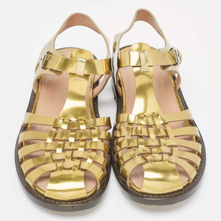 Pre Owned Marni Gold Leather Fisherman Flat Sandals Size 38.5