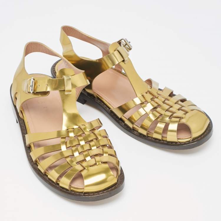 Pre Owned Marni Gold Leather Fisherman Flat Sandals Size 38.5