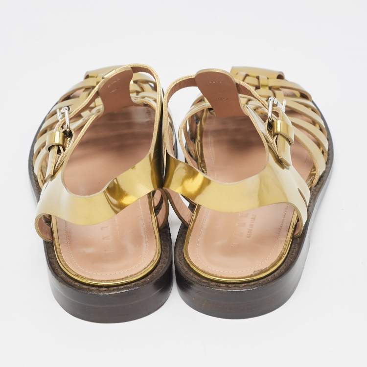 Pre Owned Marni Gold Leather Fisherman Flat Sandals Size 38.5