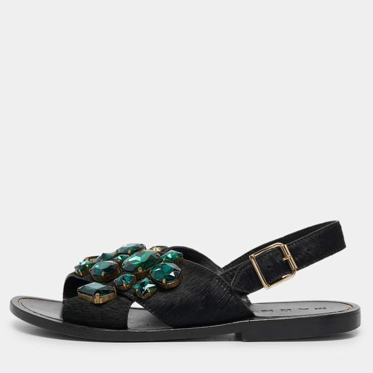 Pre Owned Marni Black Calf Hair Embellished Flat Slingback Sandals Size 37
