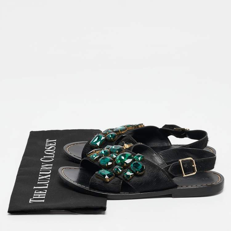 Pre Owned Marni Black Calf Hair Embellished Flat Slingback Sandals Size 37