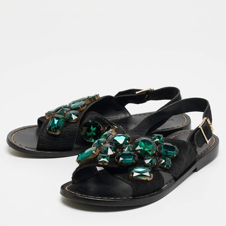 Pre Owned Marni Black Calf Hair Embellished Flat Slingback Sandals Size 37