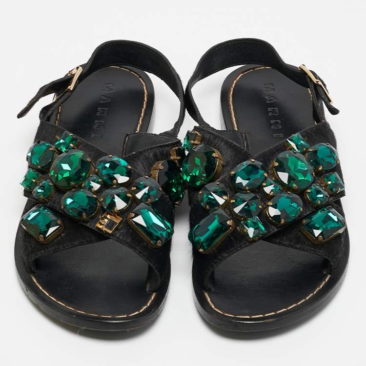 Pre Owned Marni Black Calf Hair Embellished Flat Slingback Sandals Size 37