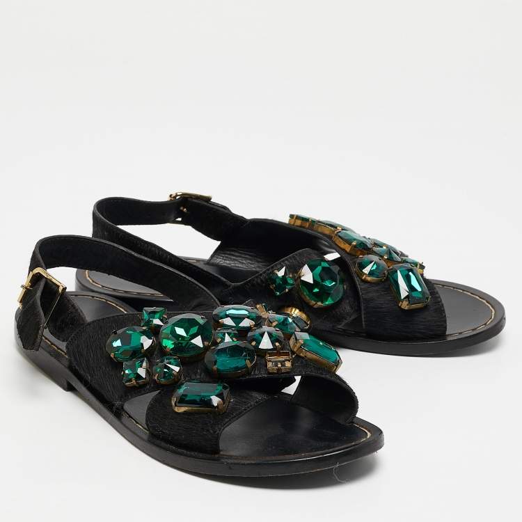 Pre Owned Marni Black Calf Hair Embellished Flat Slingback Sandals Size 37