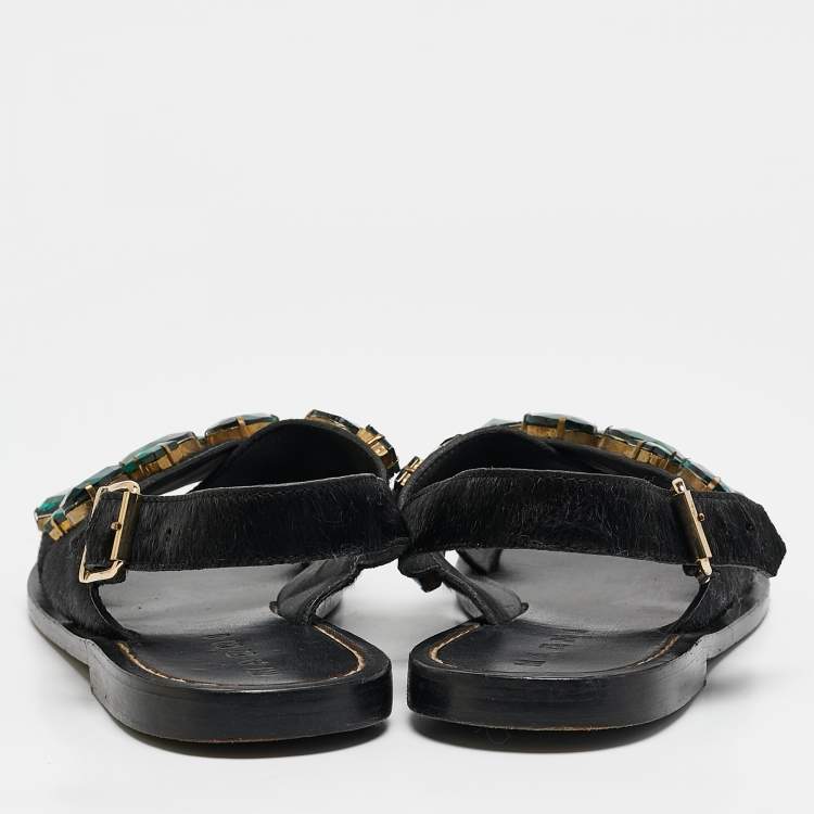 Pre Owned Marni Black Calf Hair Embellished Flat Slingback Sandals Size 37