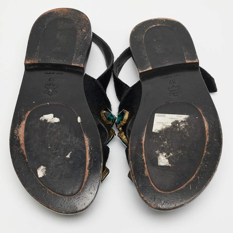 Pre Owned Marni Black Calf Hair Embellished Flat Slingback Sandals Size 37
