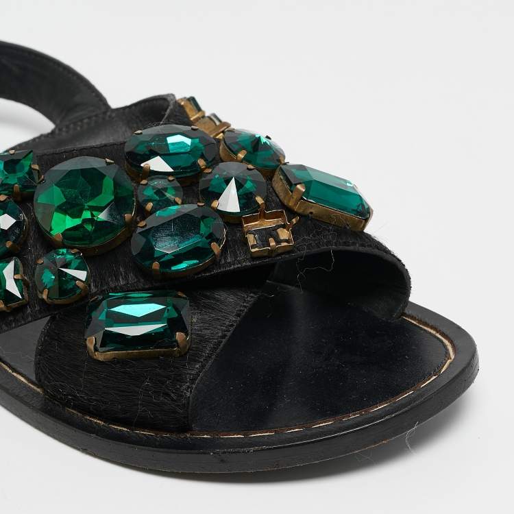 Pre Owned Marni Black Calf Hair Embellished Flat Slingback Sandals Size 37