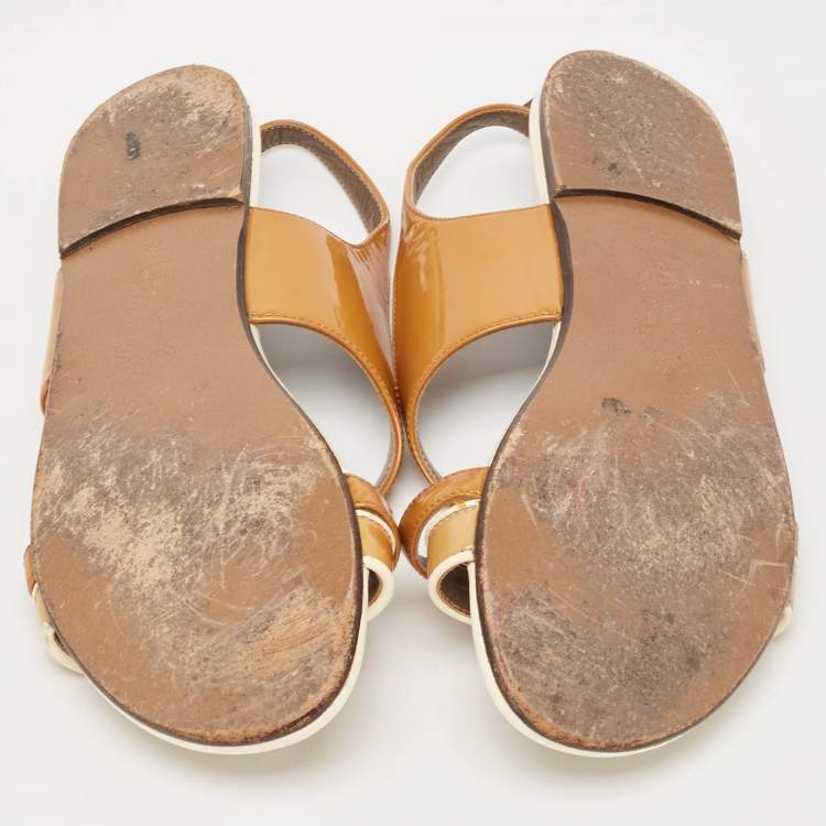 Pre Owned Marni Brown/Cream Patent Leather Slingback Flat Sandals Size 38