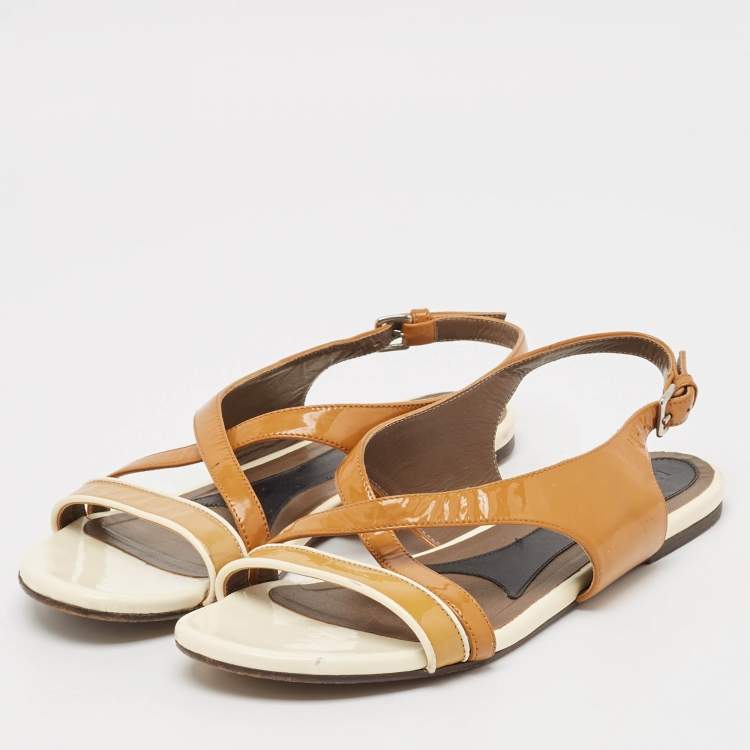 Pre Owned Marni Brown/Cream Patent Leather Slingback Flat Sandals Size 38